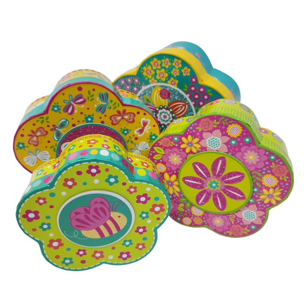 Set of 4 Flower Shaped Nesting Tins Floral Butterfly Bee Storage Containers